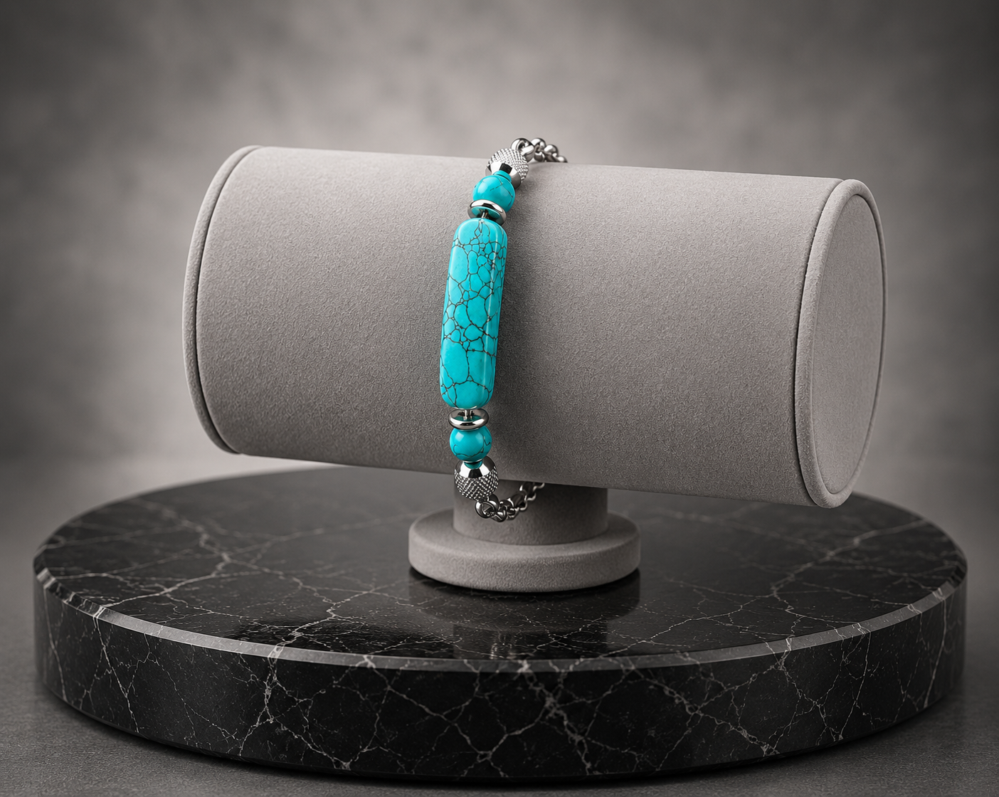 Turquoise beaded bracelet on a gray cylindrical stand with a dark marble base.